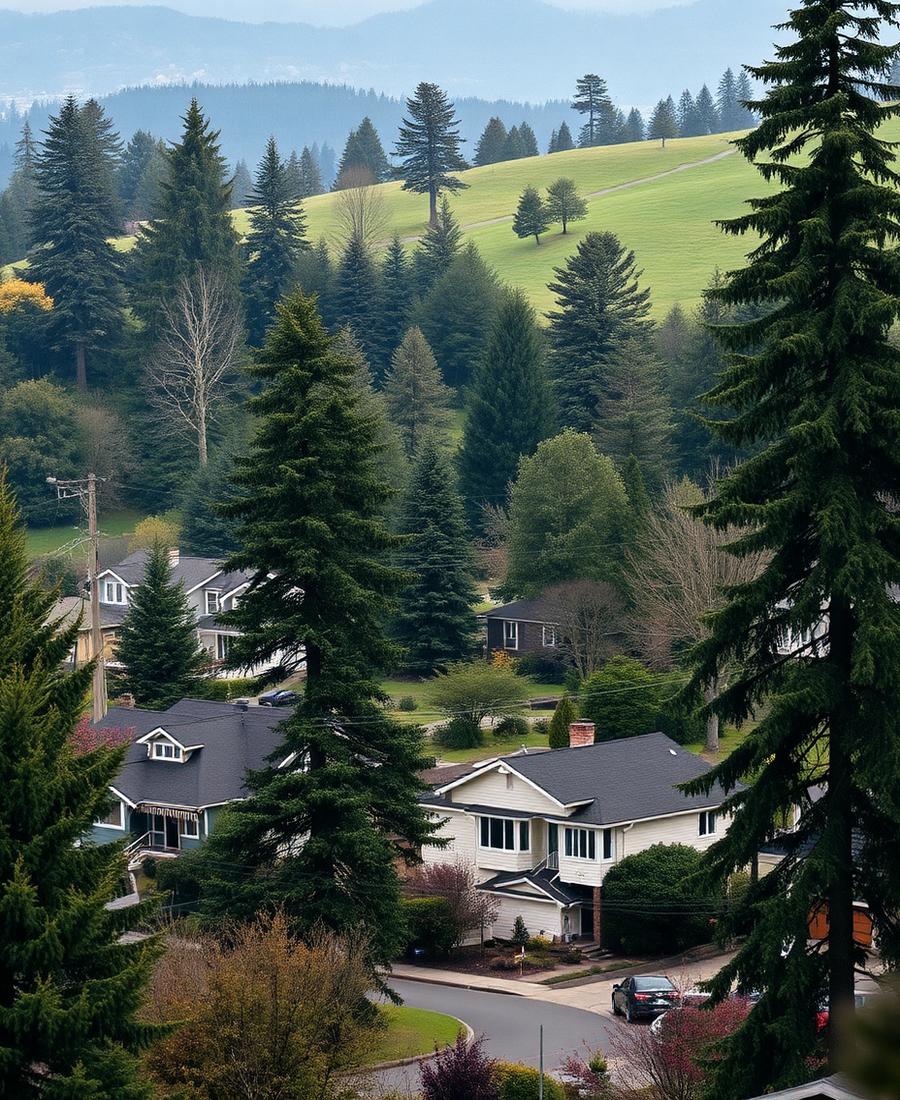 Homes tucked among fir trees on the hills above Hillsdale, Portland