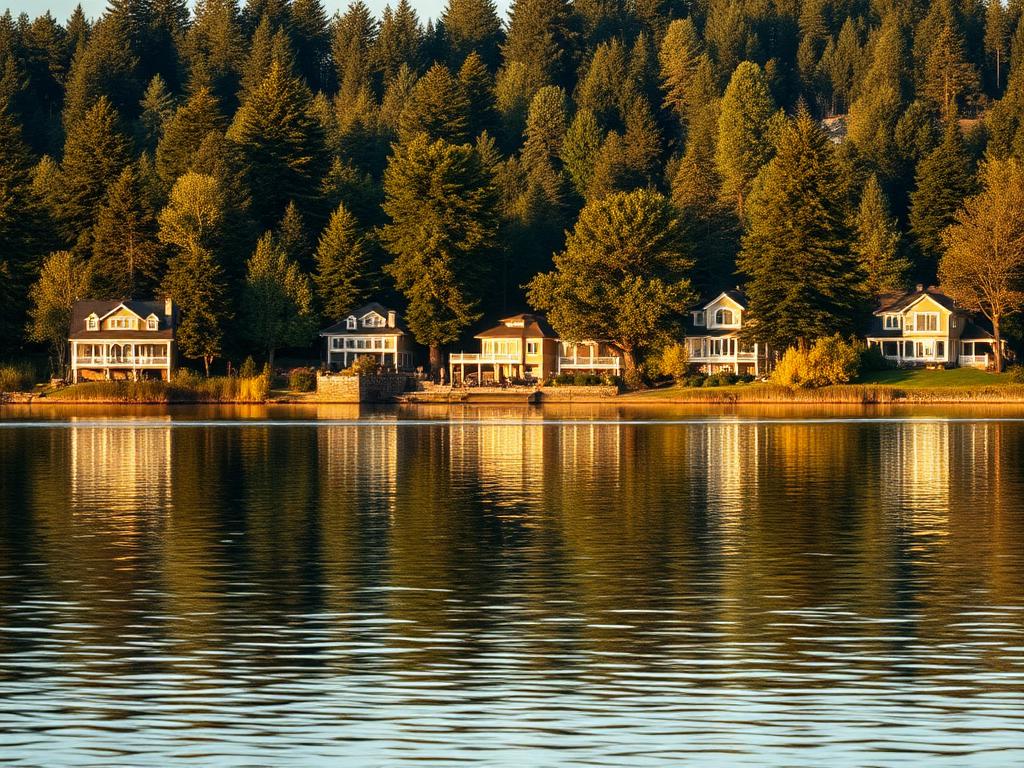 Lakeside homes among fir trees in Lake Oswego, Oregon