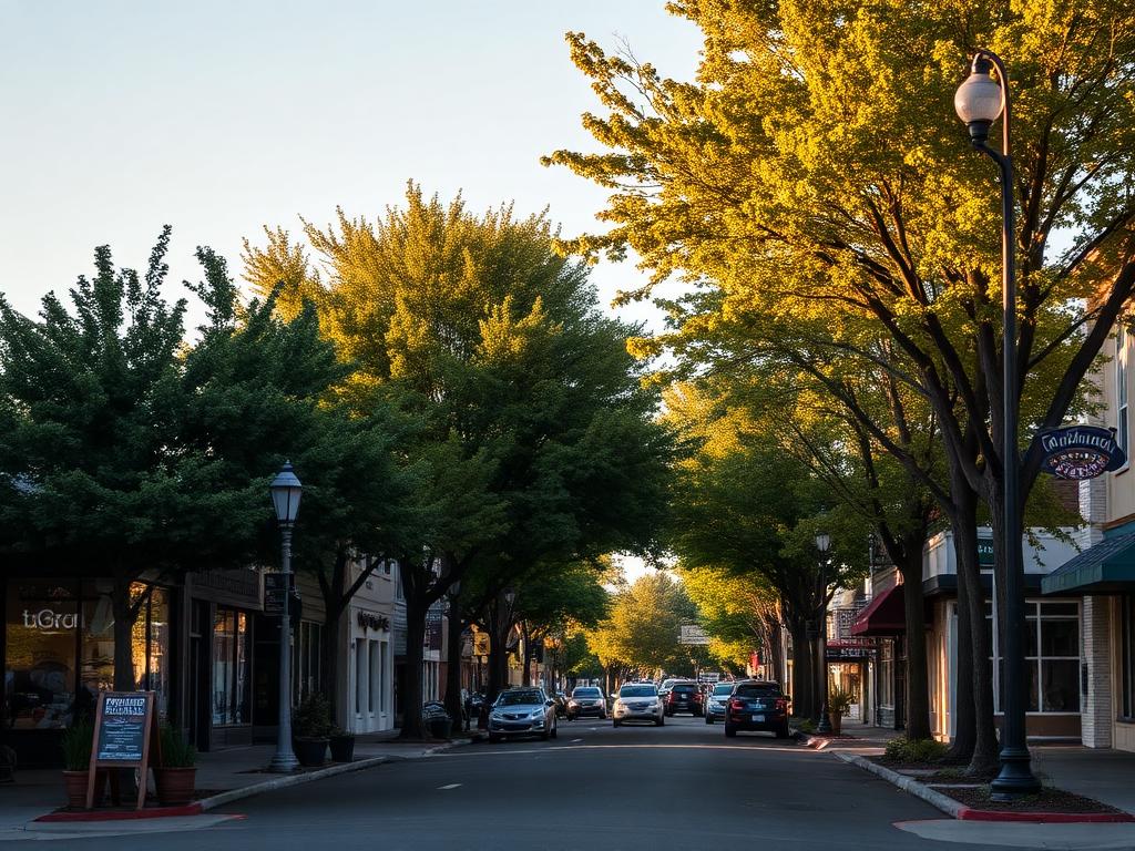 Shopfronts and street trees along the main street in Milwaukie, Oregon