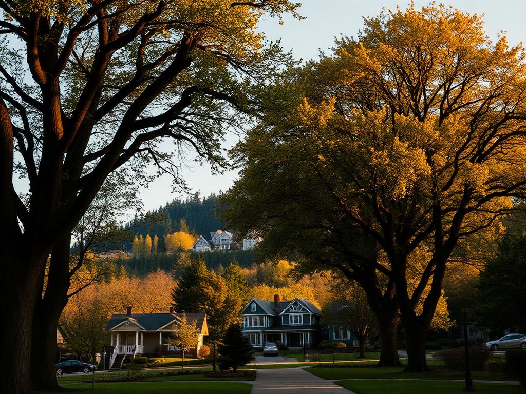 Older homes below the tree-covered slopes of Mount Tabor, Portland