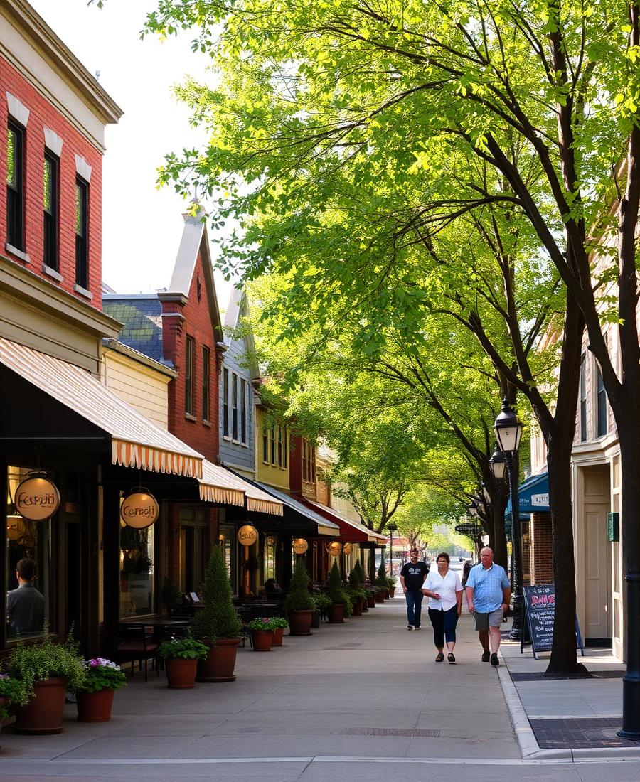 Cafes and shopfronts along the main street of Multnomah Village, Portland