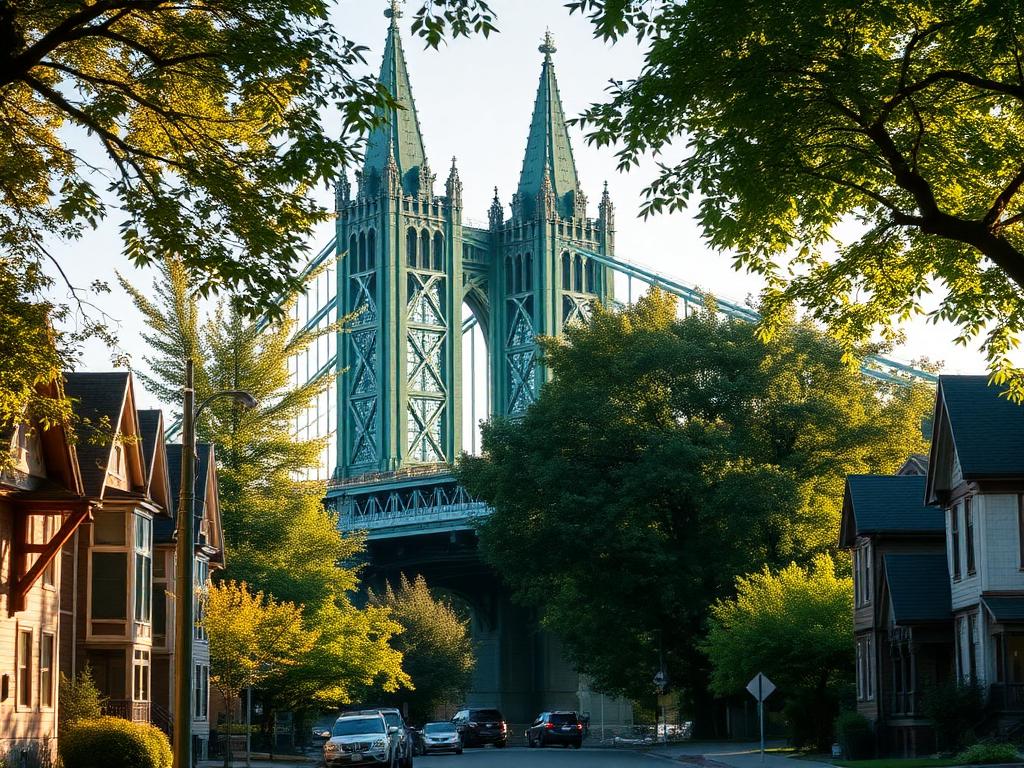 The St Johns Bridge towers rising above a leafy Portland street
