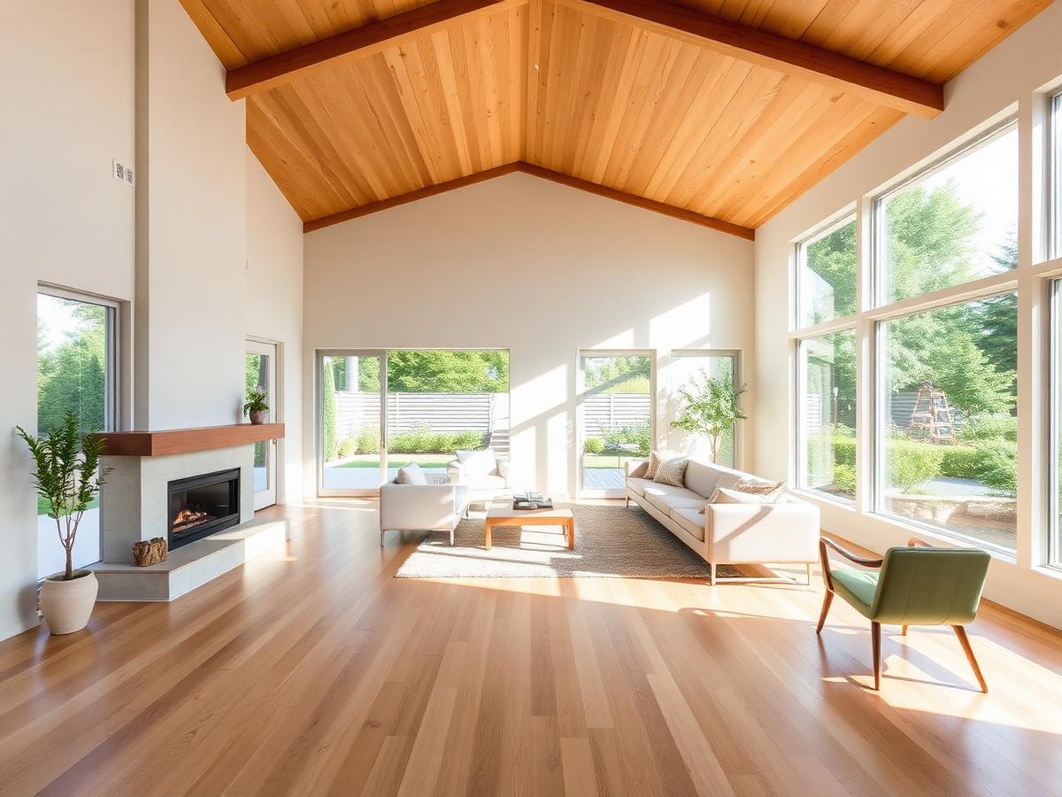 Bright open-plan living room with oak floors and large garden windows in a Portland home