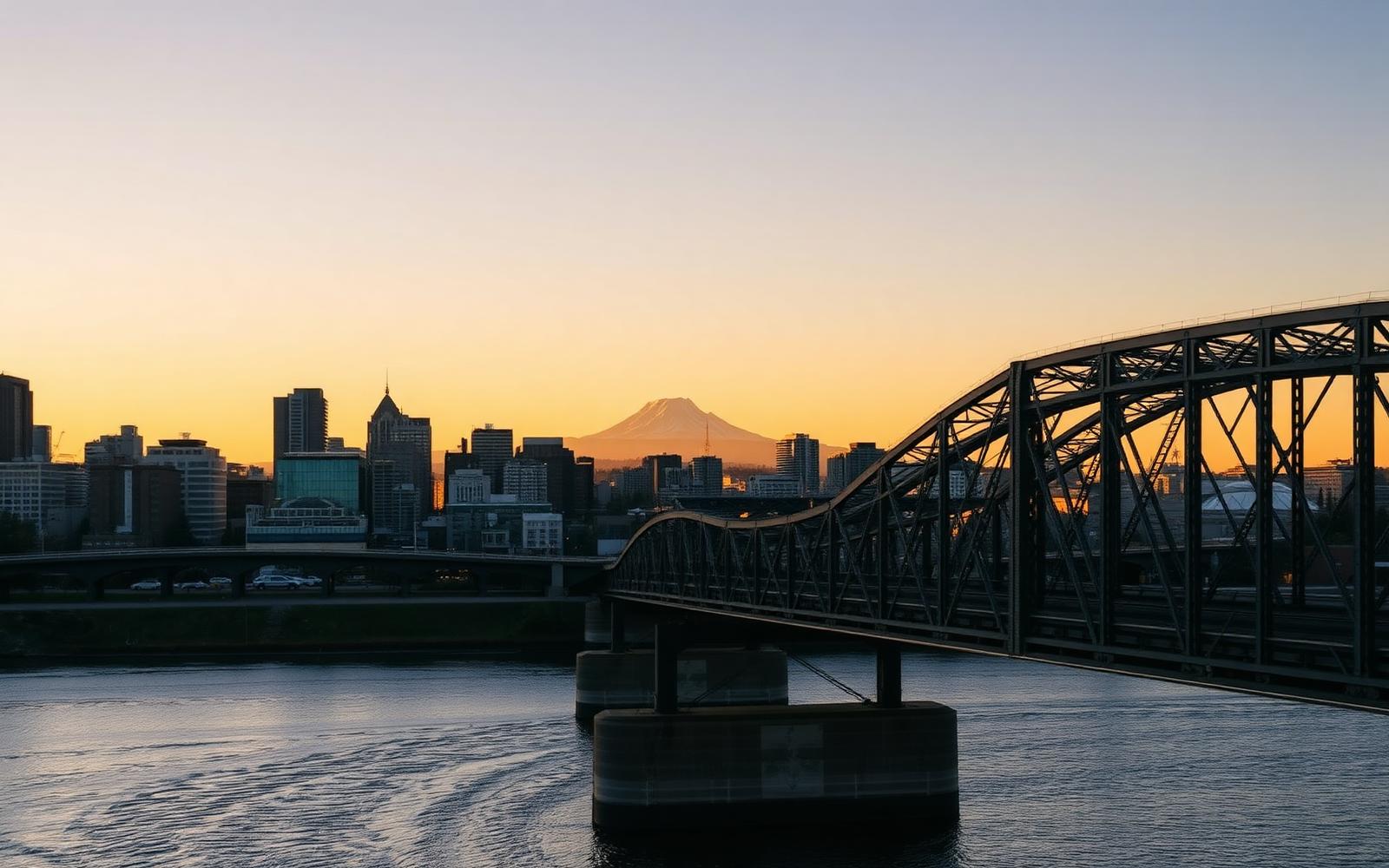 Portland skyline at golden hour with a steel bridge and Mount Hood behind