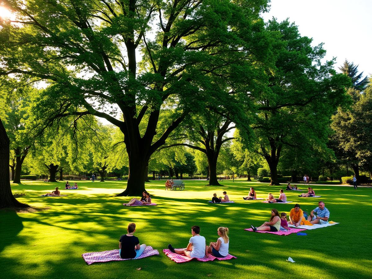 Families picnicking under big leafy trees in a Portland, Oregon park