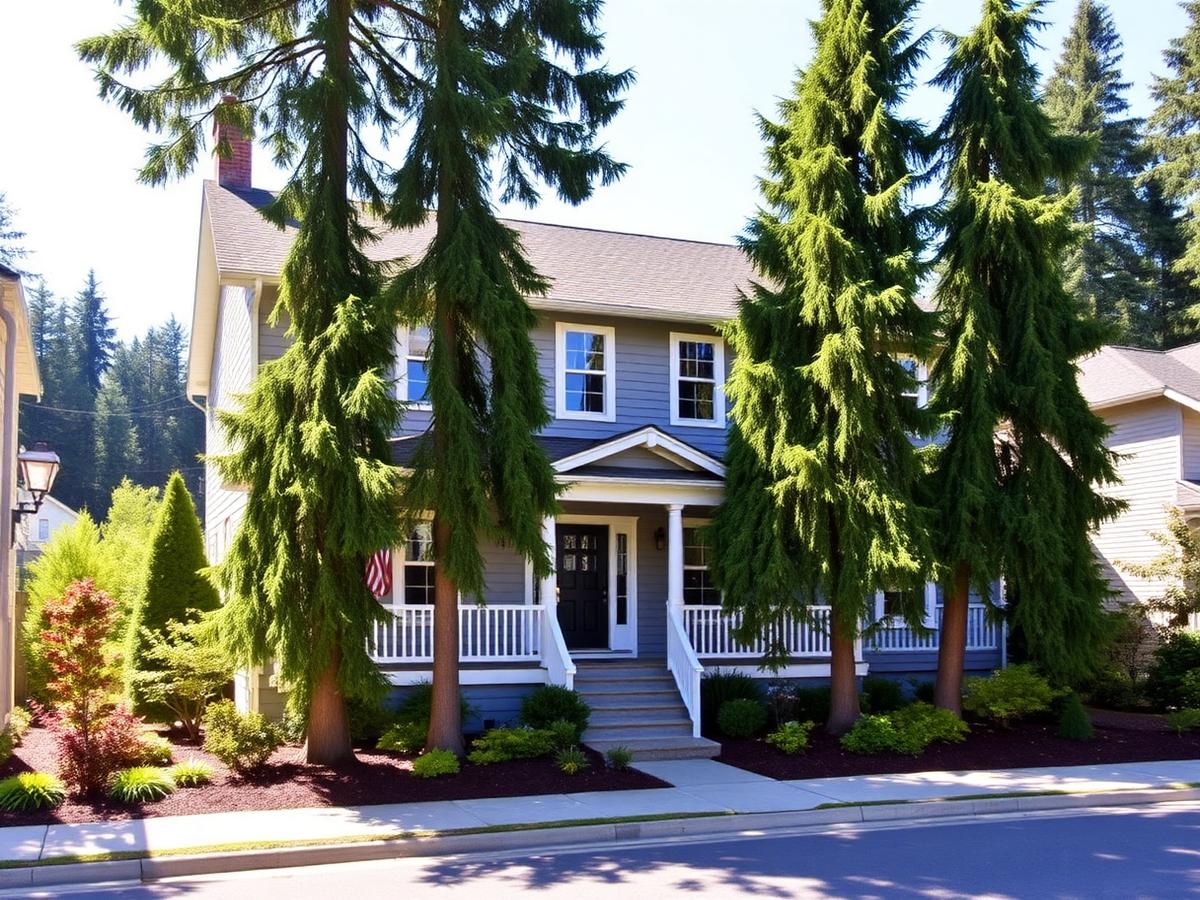 Two-storey grey home among fir trees, similar to homes sold on SW Broadway Dr