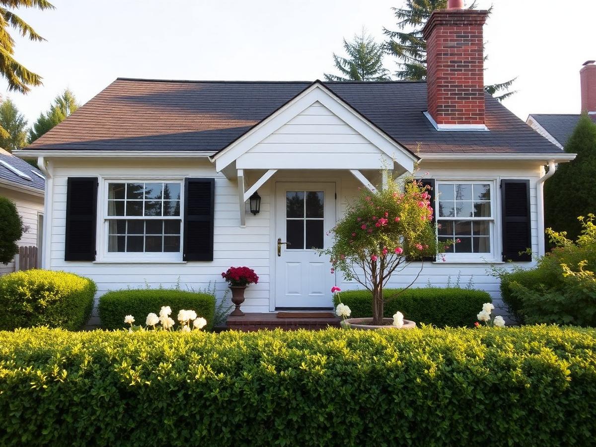 White cottage home with dark shutters and a flowering garden, similar to homes sold on SW Iowa St